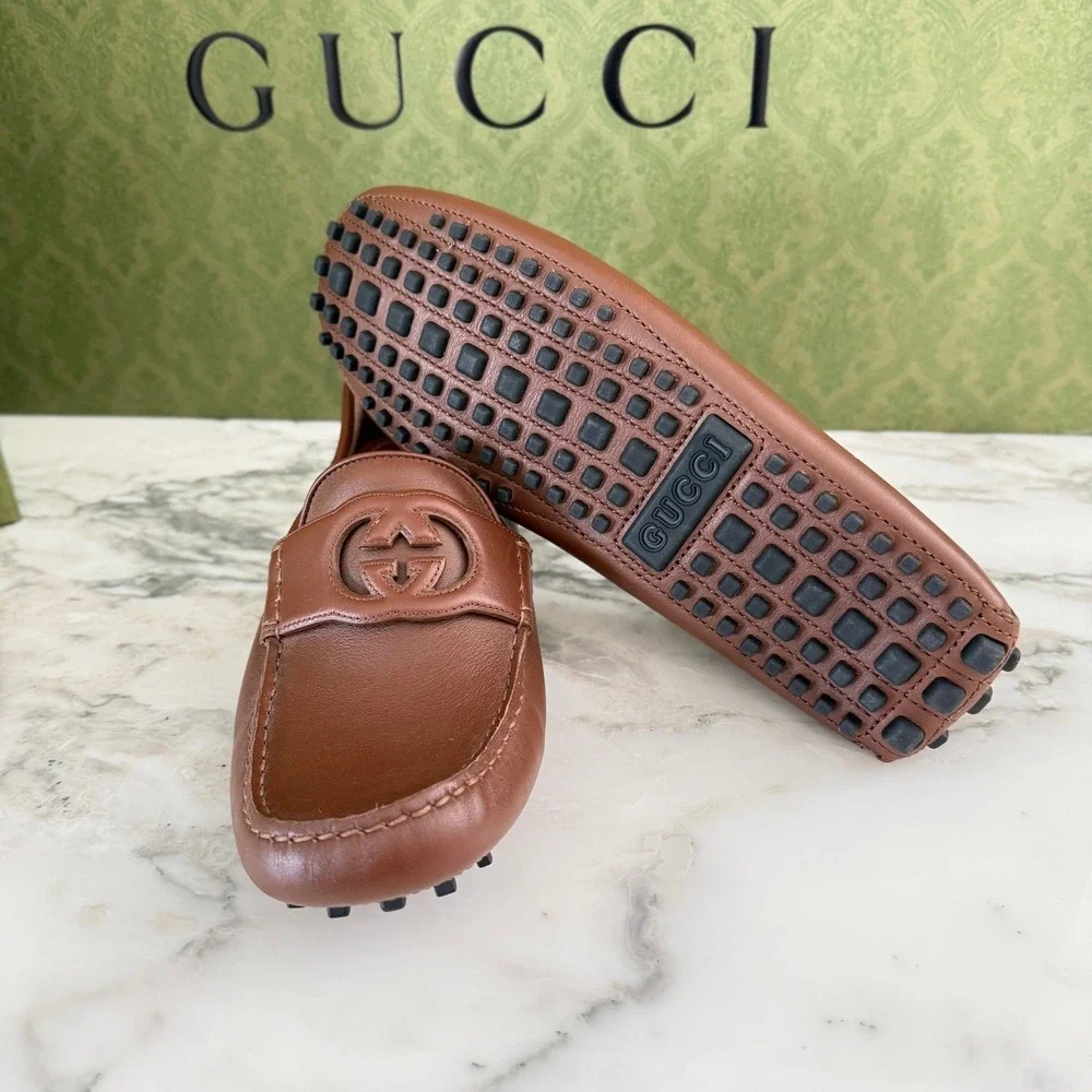 GUCCI 730148 MOCCASIN BROWN LEATHER INTERLOCKING G DRIVERS SHOES MENS UK 6.5